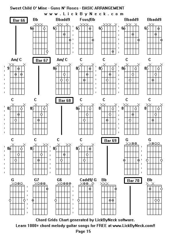 Chord Grids Chart of chord melody fingerstyle guitar song-Sweet Child O' Mine - Guns N' Roses - BASIC ARRANGEMENT,generated by LickByNeck software.